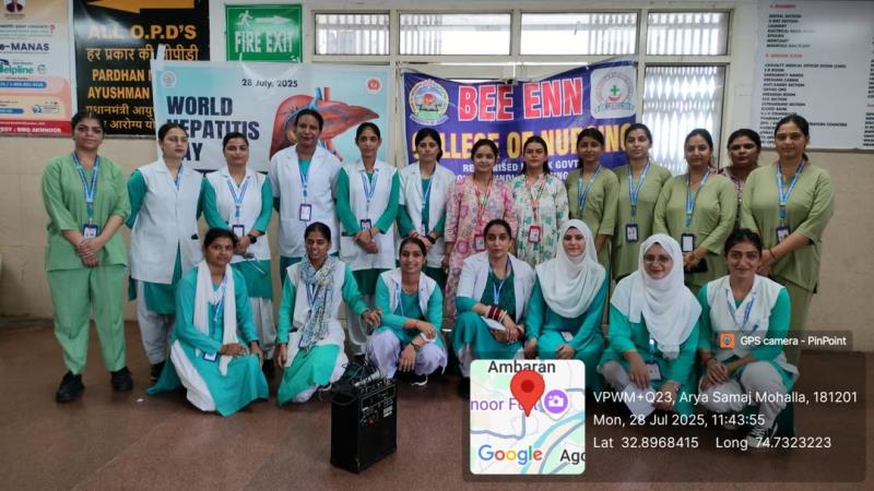  World Hepatitis Awareness program was organized by our Post Basic Bsc Nursing second year students and M.Sc Nursing Community Health Nursing Department students under the guidance of Mrs. Diksha Sharma, Assistant Professor and Ms. Anshu Raina, Nursing tutor at SDH, Akhnoor.